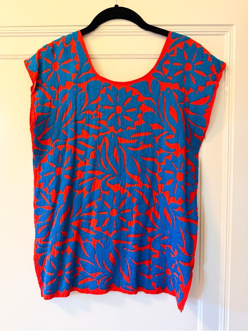 Blue & Red Floral Mexican Embroidered Women's Top